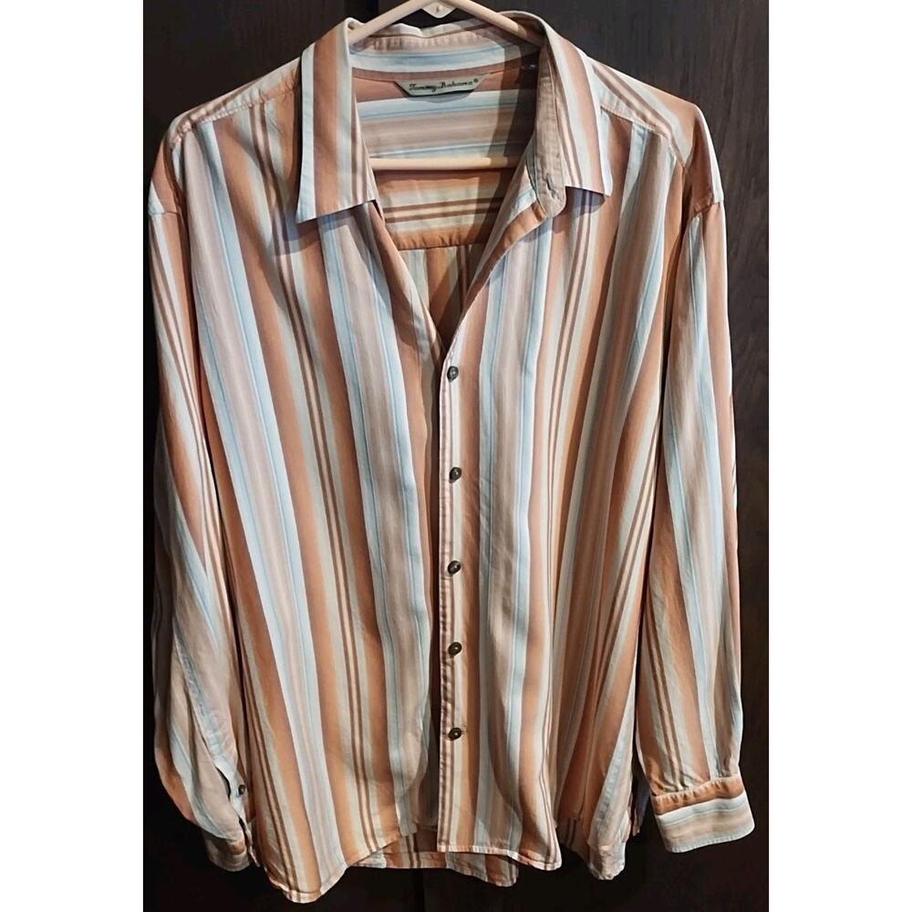 Tommy Bahama Fall Shirt Mens XL Orange Stripe Silk Long Sleeve Button Preppy